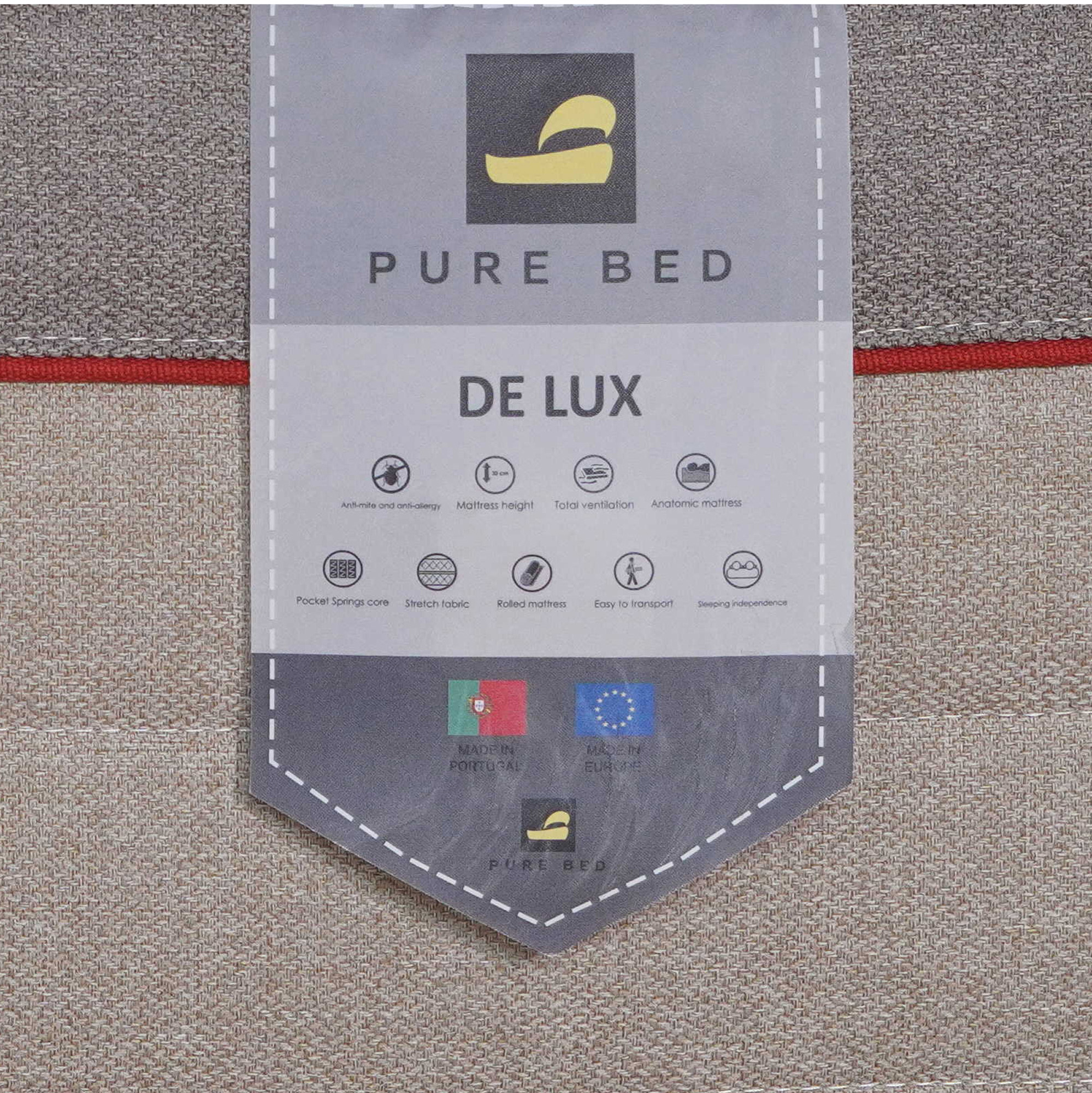 Pure Bed DE LUX – etiketa vzmetnice Etiketa vzmetnice Pure Bed DE LUX z ikonami lastnosti.
